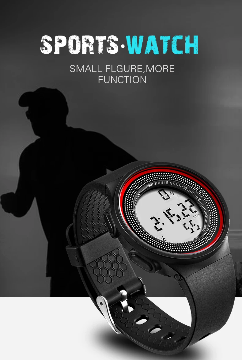 Цифровые спортивные часы студент водонепроницаемый 5ATM мужчины военные часы, шаг подсчета светящимися сегментирована