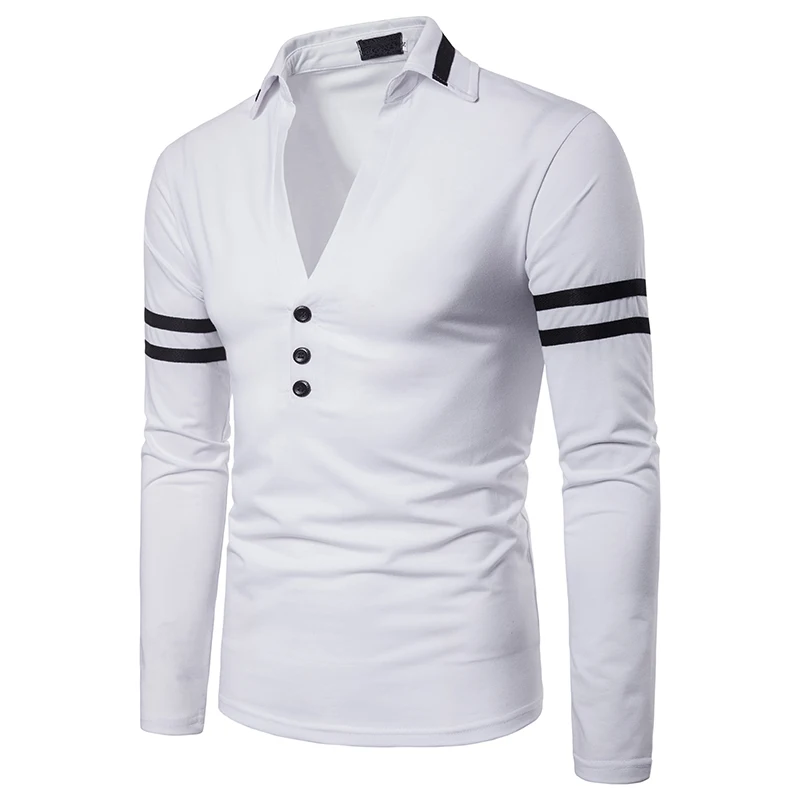 Solid V-Neck Men's Long Sleeve Polo Shirt Autumn Casual Sporting Shirt Tops Fashion Men Clothing Slim Fit Polos EU Size