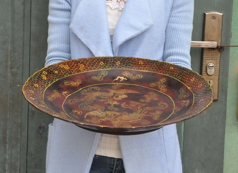 

Marked Old China Dynasty Palace Lacquerwork Phoenix Bird Statue Art Plates Tray