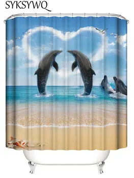 

Blue Shower Curtain Beach Dolphin Show Love Heart Douchegordijn Bathroom Curtain 3D Sandbeach Sell Sea Star Cortinas De Bano