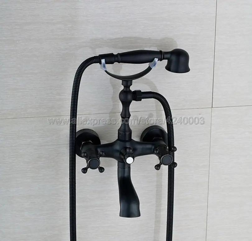 

Wall Mounted Bathtub Faucets Black brass Dual Handle Bath & Shower Faucet With Handheld Showers Ktf021