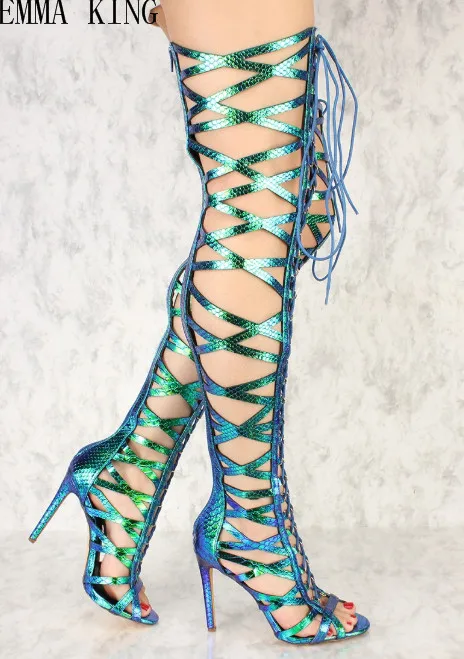 

Summer Thigh High Boots Women Stiletto Heels Sexy Peep Toe Over The Knee Boots Cross-tied Gladiator Sandals Party Shoes Women