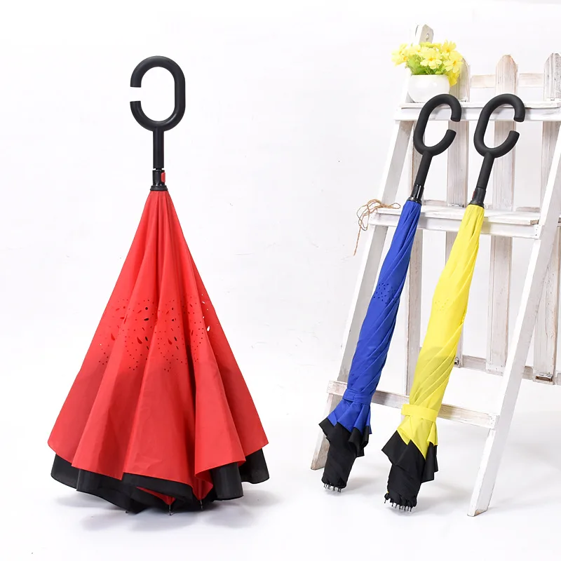 

Reverse Umbrellas Folding Double Layer Inverted C Hand Holder Stand Rain Windproof Rolling Over Umbrella For Women