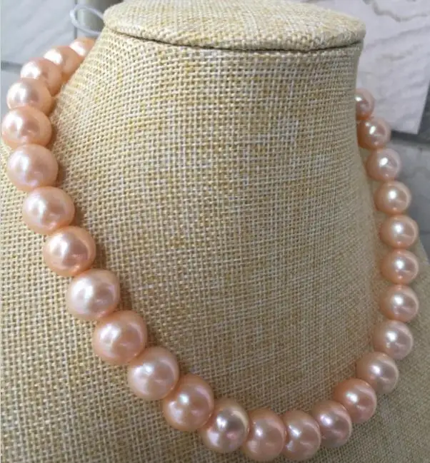 

HUGE AAA12-13mm freshwater round gold pink pearl necklace 18inch 925silver