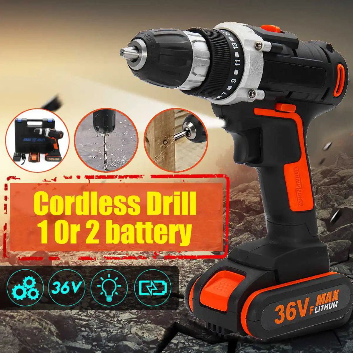 

36VF Electric Cordless Drill 1 or 2 Li-Ion Battery 15+1 Clutches Control Power Drills Repair Tools