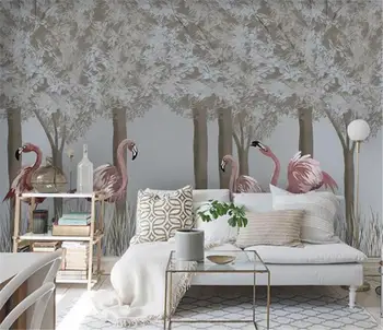 

European 3d Wallpaper Nordic hand-painted forest flamingo TV sofa wall decoration beautiful wall paper