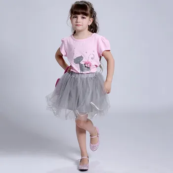 

5set Girls Clothing Sets New Brand Girls Clothes Cat White Cartoon Short Sleeve T-Shirt+Veil Dress 2Pcs Children Clothes