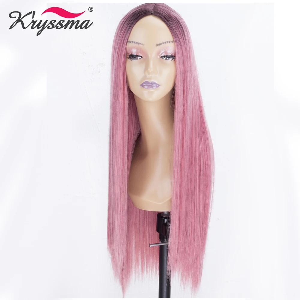 Розовые длинные шелковистые прямые синтетические волосы парики с темными корнями Омбре парики для женщин Glueless термостойкие волокна левая часть