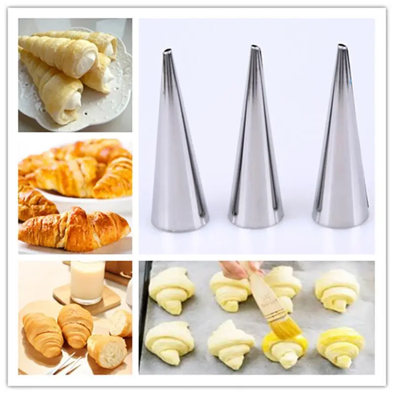 

6pcs Stainless Steel Spiral Croissant Tubes Horn Moulds Conical Tube Cone Pastry Roll Molds Croissants DIY Baking Tools