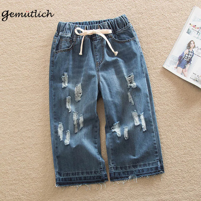 

GEMUTLICH Plus Size Women Denim Knee Length Wide Leg Pants Elastic Waist Drawstring Shorts Hole Loose size 38 40