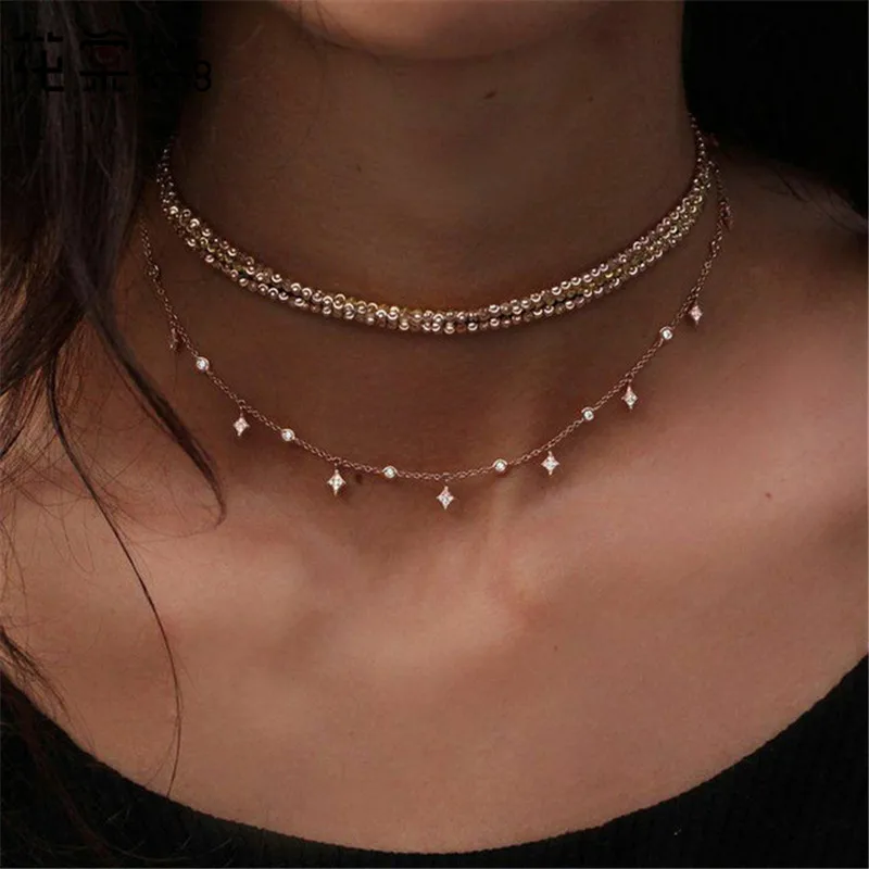 

HuaTang Boho Gold Color Chain Crystal Star Necklace Women Multi-layer Choker Pendant Charm Necklaces Jewelry Collares 6655