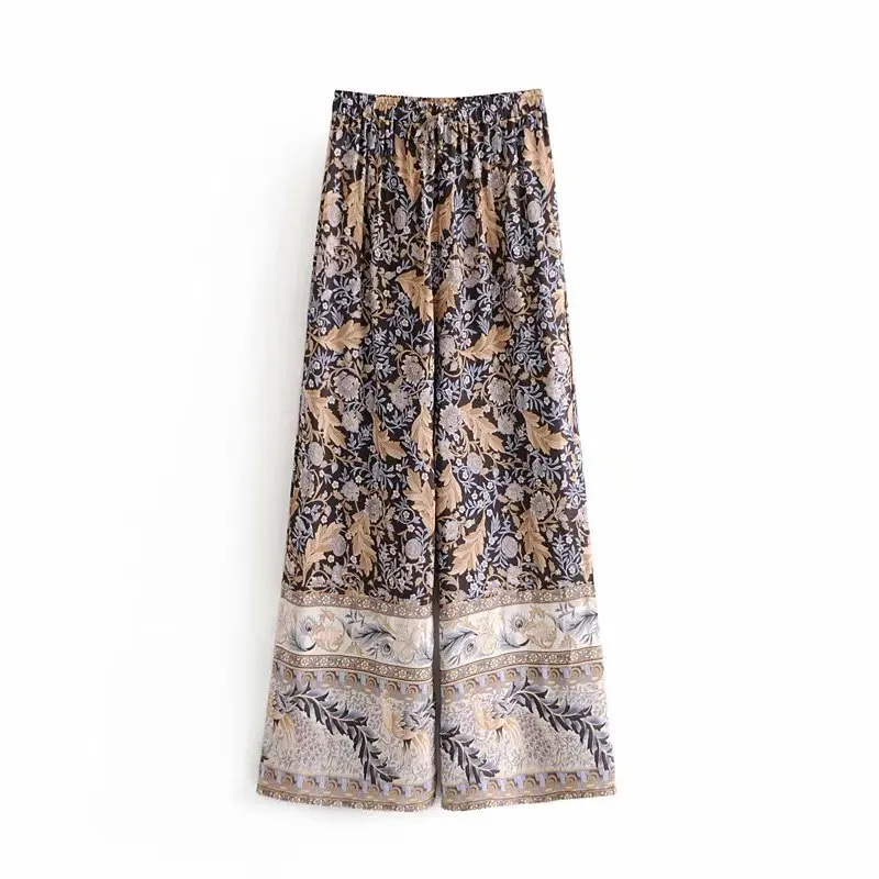 Women Vintage Black Floral Print peacock Wide Leg pants Spring Elastic ...