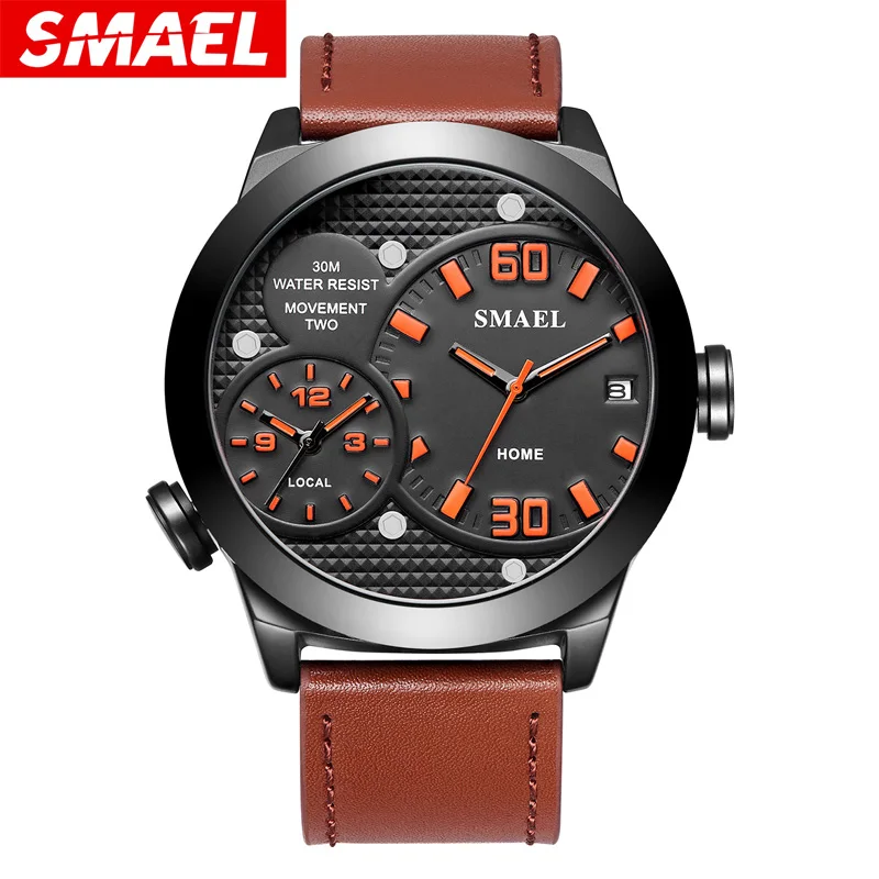

SMAEL Military Quartz 1314 Mens Watches Multiple Time Zone Sport Man Watch Leather Auto Date Wristwatches Montre Homme Reloj