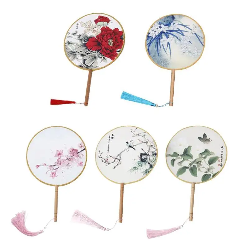

Chinese Traditional Fan Silk Flower Tassel Antique Dance Round Fan Art Gift