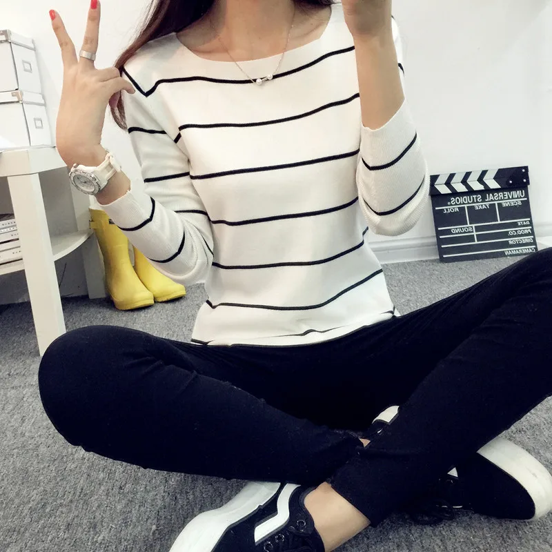 Korean Autumn Winter Female Sweater Slash Neck Long Sleeve Striped Maglioni Donna Inverno Women Sweaters Pullovers Kitwear