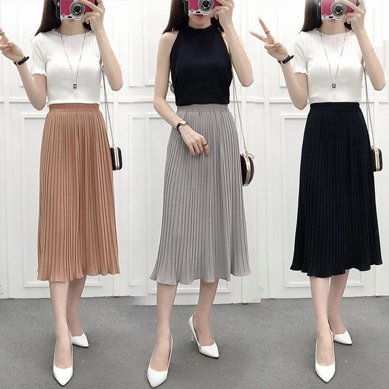 Spring 2019 Long Pleated skirts womens Summer Casual Women Skirt High