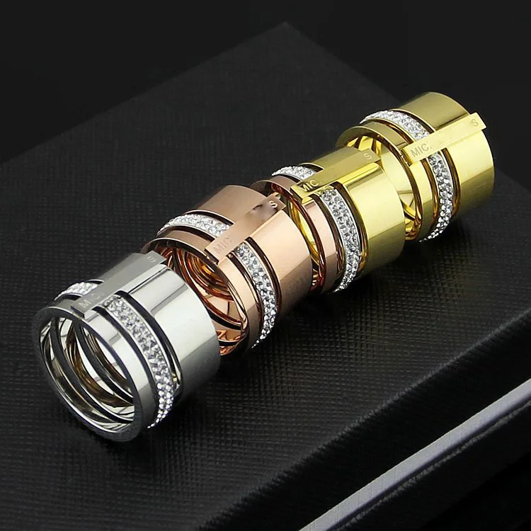 

Hot sell Luxury brand Stainless Steel Womens Finger Gold Three Layers With Crystals Gold Trendy Couple Wedding Jewelry Rings