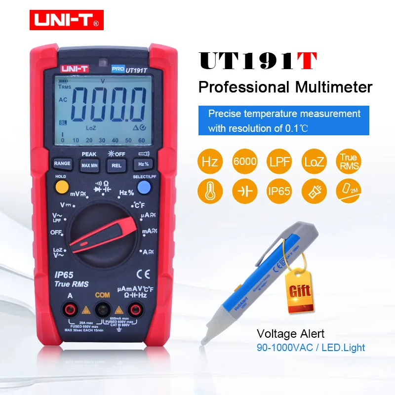 

UNI-T UT191T True RMS Digital Multimeter Display Count 6000 DC/AC Voltage Current Resistance Capacitance Frequency Temperature