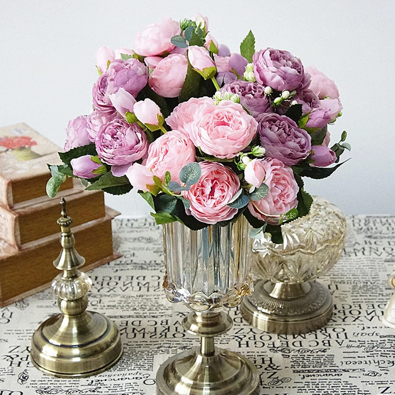 30 см красивые шелковые искусственные цветы с розами и пионами, букет с 5 Большими головками, 4 бутона, искусственные цветы для дома, вечерние, весенние, свадебные украшения