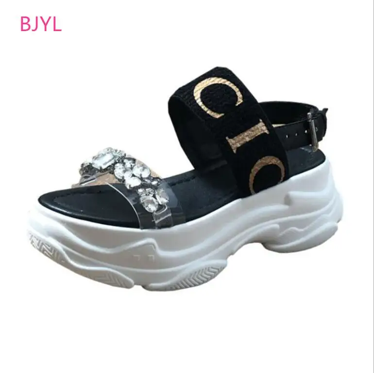 

BJYL European pine cake thick bottom water drill sandals female 2018 summer new leather hundred letters tide shoes