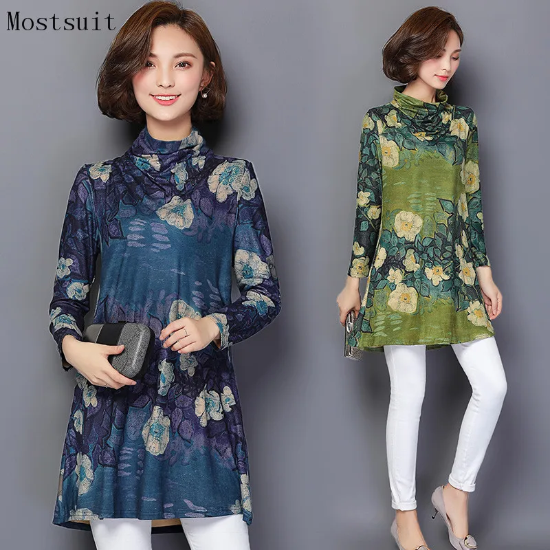 Ceny L 4xl Niebieski Zielony Drukowane Długa Blusas Kobiety 2018 Nowy Jesień Zima Z Długim Rękawem Stań Collar Bluzki Koreański Casual Tops Plus rozmiar