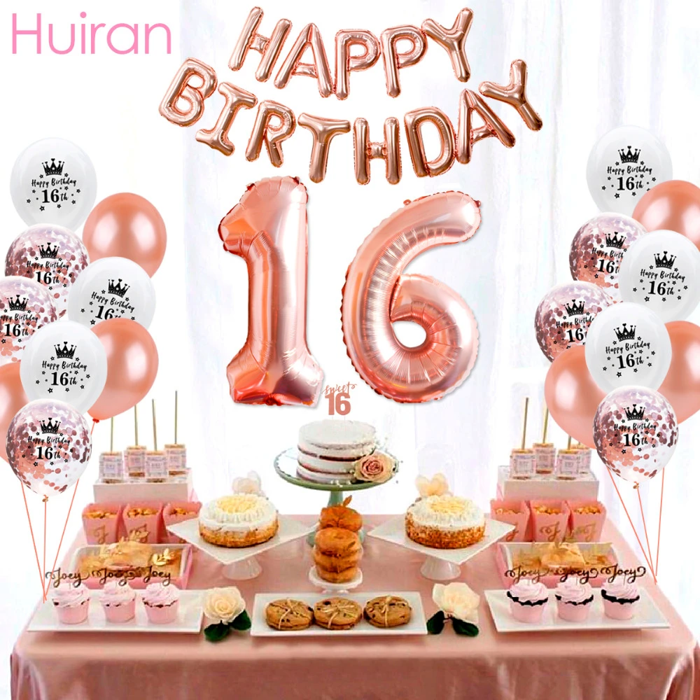 Huiran Happy Birthday Balloons 16th Birthday Party Decor 16 Year Old Rose Gold Birthday Set Number Ballons Confetti Baloons Ballons Accessories Aliexpress
