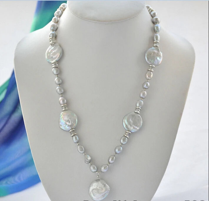 

hot sale * 22mm gray baroque coin freshwater pearl pendant necklace 22inch Z6831