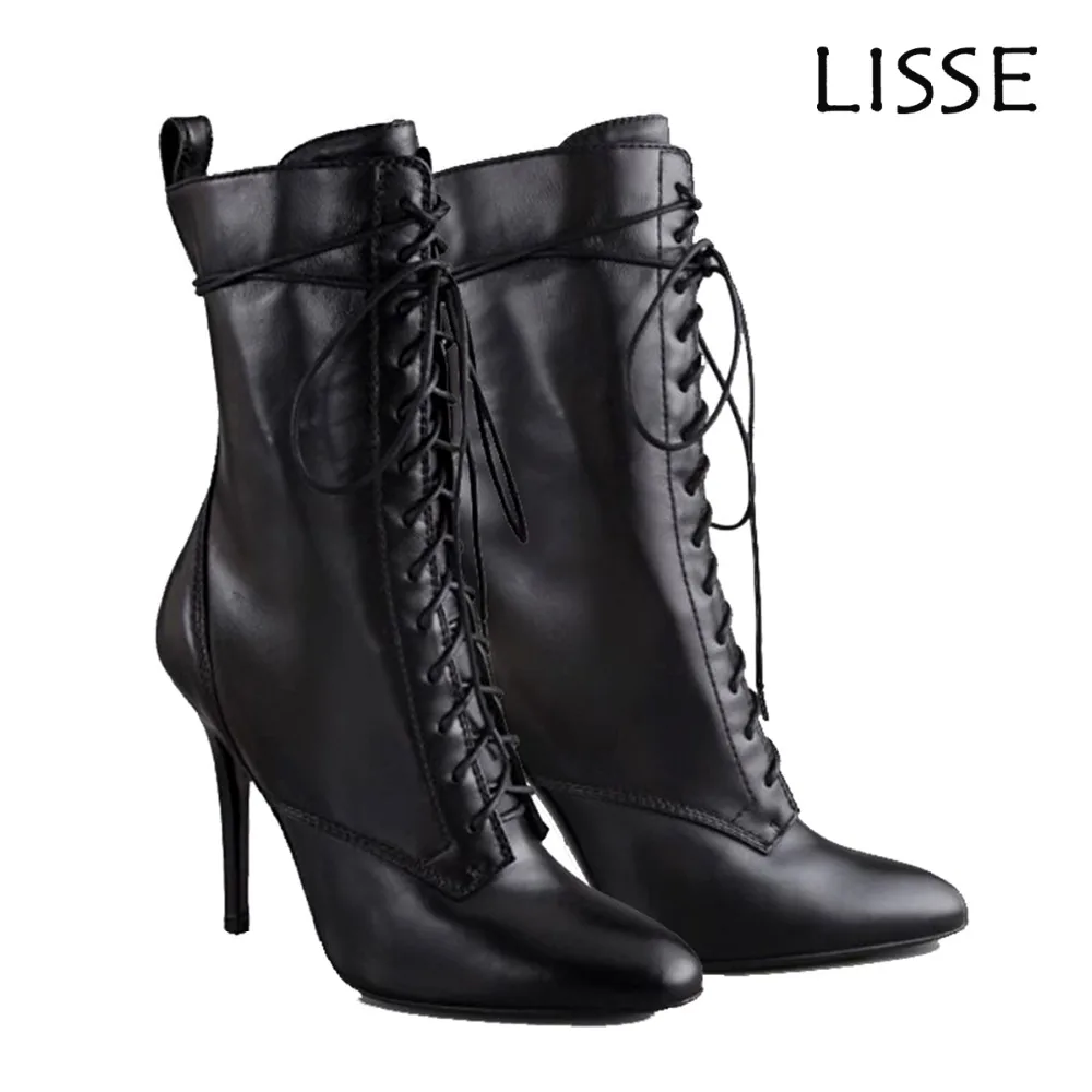 black pointed toe lace up boots