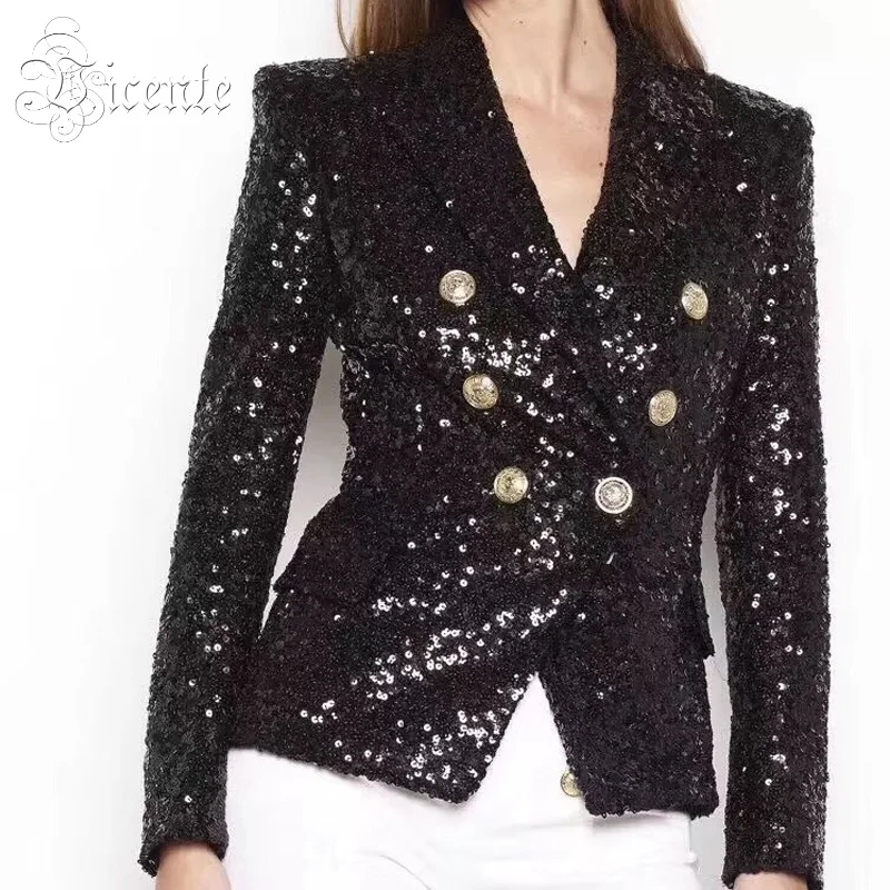 

Vicente 2019 Women Slim Outwear Coat Black Deep V-Neck Double Breasted Long Sleeve Sequines Embellished Fashion Jacket