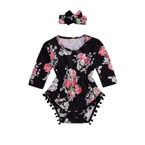 

2018 Newborn Baby Girls Flower Clothes Jumpsuit Romper One-Piece Headband Outfit hot