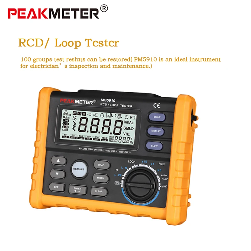 PEAKMETER PM5910 Digital RCD Loop resistance tester meter Multimeter USB Interface Trip-out Current/Time Tester MS5910