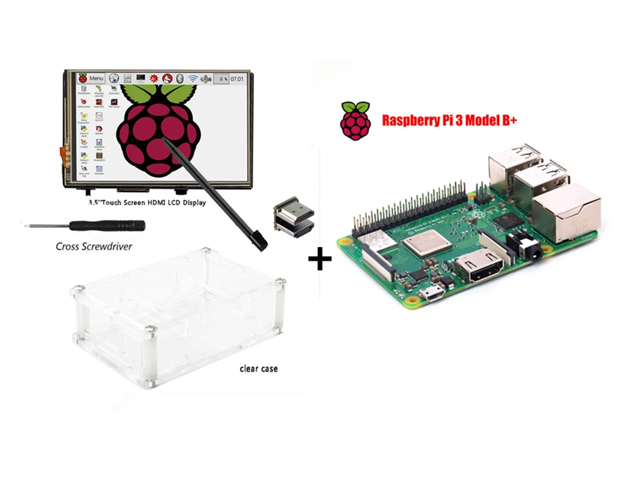 Raspberry Pi 3 Model B+ Board +3.5" HDMI LCD Touch Screen Display with Stylus + Acrylic Case Raspberry Pi 3 Model B+ Board +3.5" HDMI LCD Touch Screen Display with Stylus + Acrylic Case