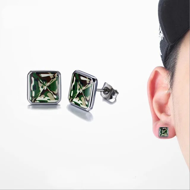 Fashion Mens Earrings Green Camouflage Army Solr Stainless Steel Fashion Mens Earrings Green Camouflage Army Solr Stainless Steel Square Stud Men Hiphop Brincos Jewelry