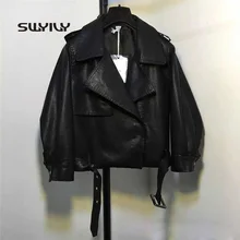 Весна Осень однобортная Короткая кожаная куртка женская кожаная куртка с отложным воротником черная мотоциклетная Свободная Женская куртка