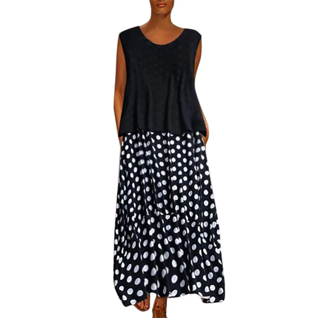 

Summer 2019 Hot Sale Vintage Casual Polka Dot O Neck Sleeveless Dress Loose Lady Off Shoulder Maxi Dresses