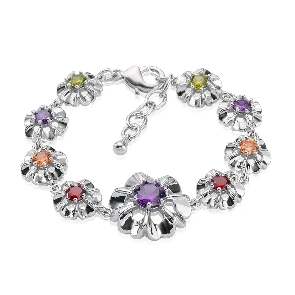 Dainty Flower Charm Bracelet White Gold Tone Multicolor Zircon Bracelet