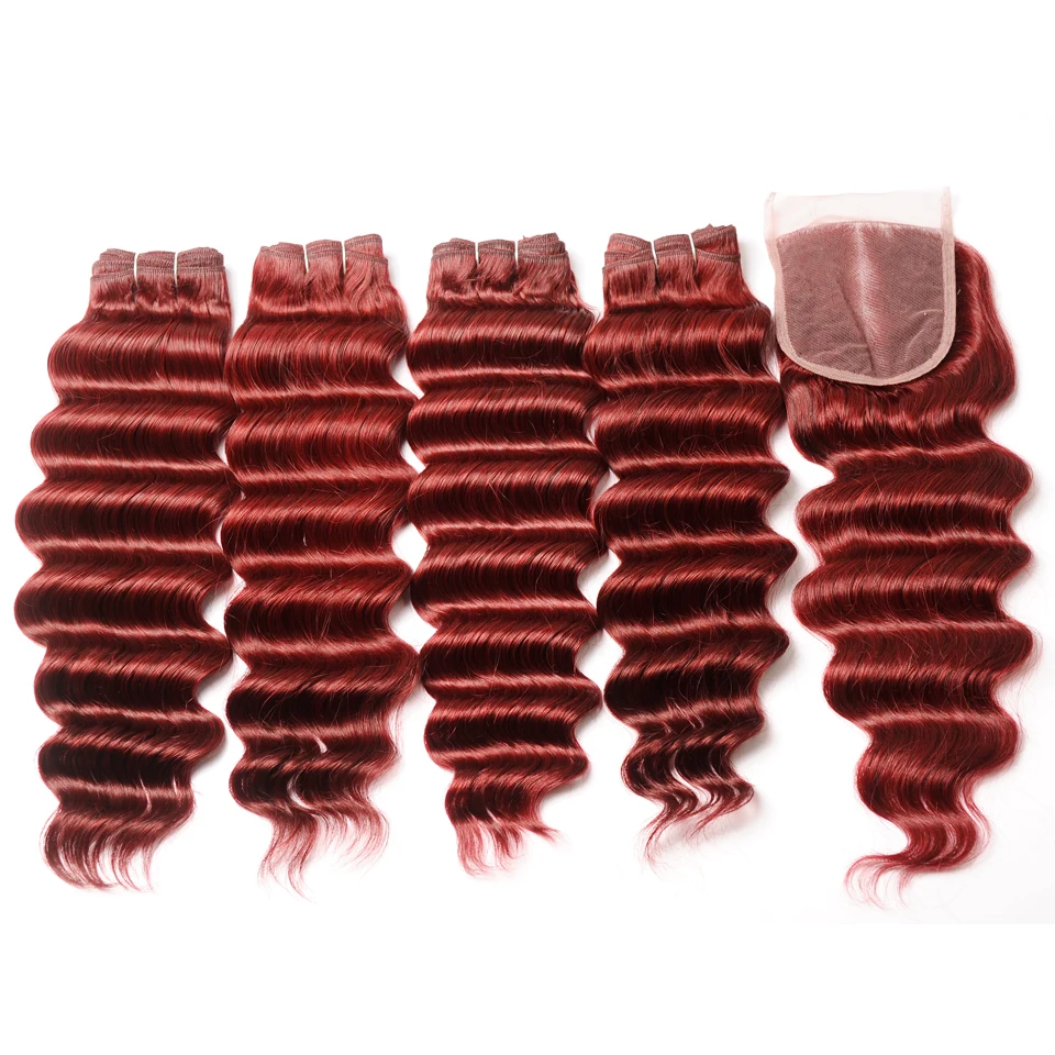 Pinshair Burgundy 99J Brazilian Loose Deep Wave Hair 4 Bundles With Closure Bold Red Human Hair Weave Lace Closure Non Remy Hair (2)