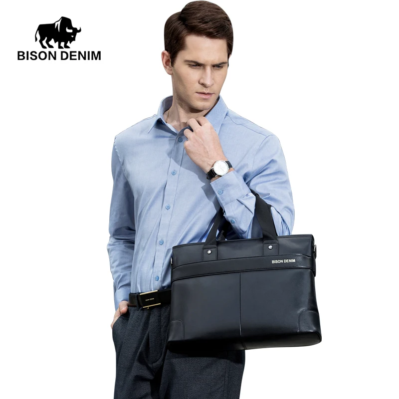 Bison Denim 100% Genuine Cowhide Leather 14'' Laptop Briefcase Men Messenger Bag Male Crossbody Sho