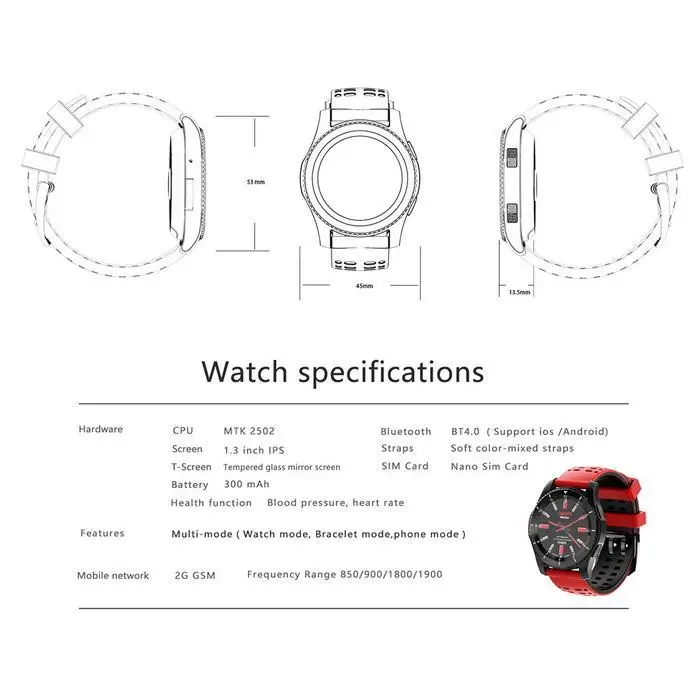 DT № 1 GS8 Смарт часы Bluetooth 2G сети 1,3 Сенсорный экран MTK вызов напоминание о частоте пульса монитор Smartwatch для iOS и Android