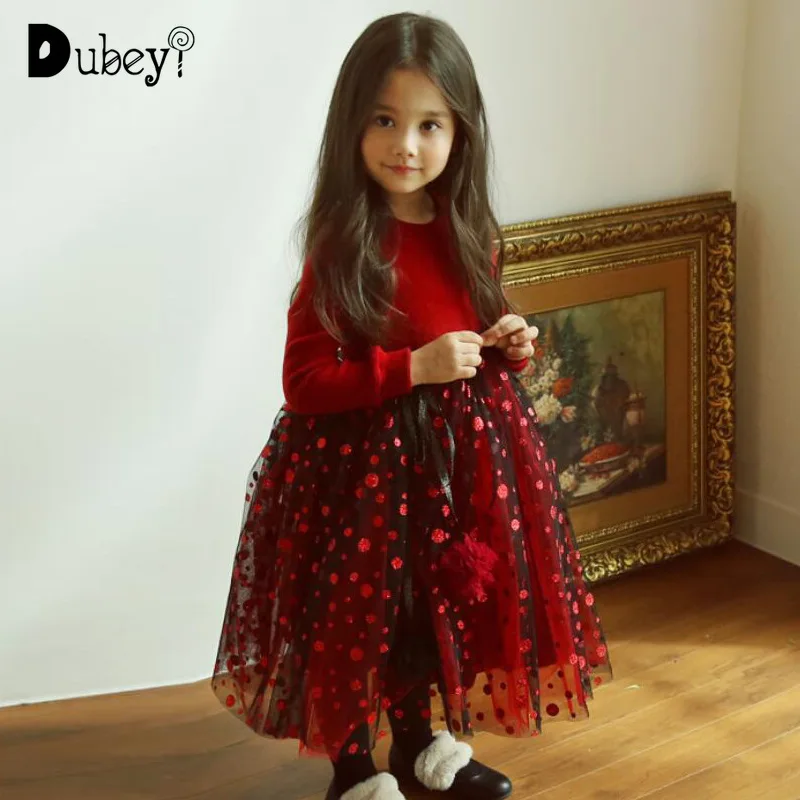 

2018 New Girls Polka Dots Xmas Dress for Winter Fleece Shiny Sequin Dress Children Tiered Fluffy Christmas Clothing Party Dress