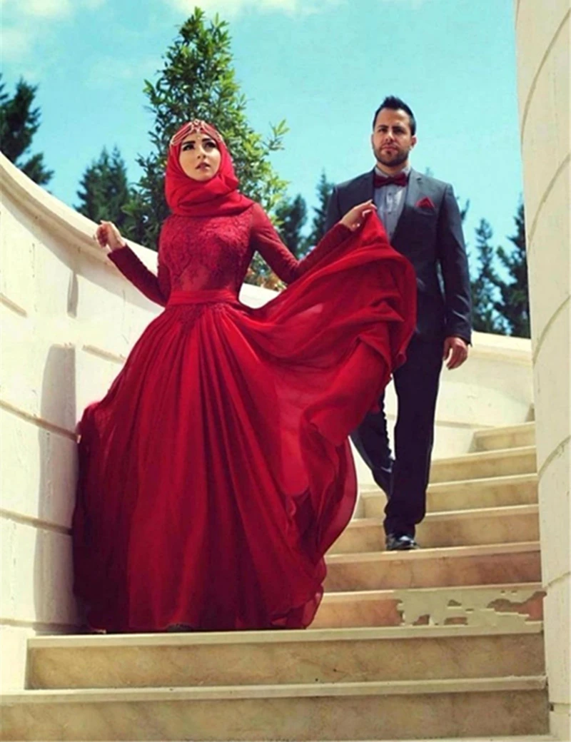 2016 Saudi Arabia Muslim Wedding Dress Red A Line High Neck Vestido De Noiva Long Sleeve