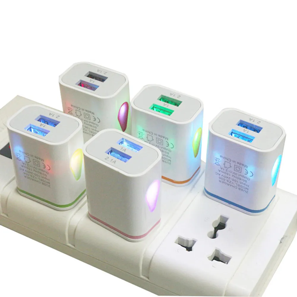 

1PC Multi-colorful Power AC/DC Adapters 2 USB Port LED Light-emitting Charger 2.1A 5V Travel USB Charger For iPhone iPad