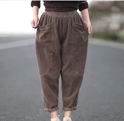 

Women Corduroy Trousers Big Size Elastic Waist 2019 Spring Pants Solid Color Pockets Original Loose Casual Pants YoYiKamomo
