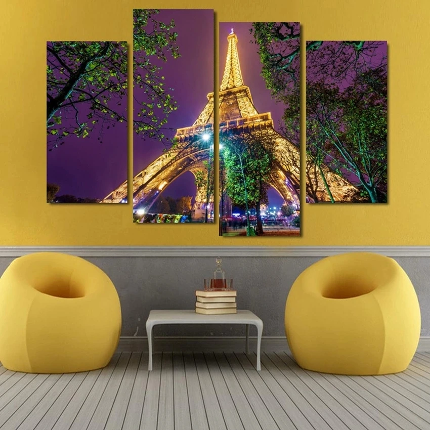 

4 Panel Eiffel Tower Night Landscape Large HD Picture Decorative Art Print Oil Painting on Canvas for Living Room Christmas Gift