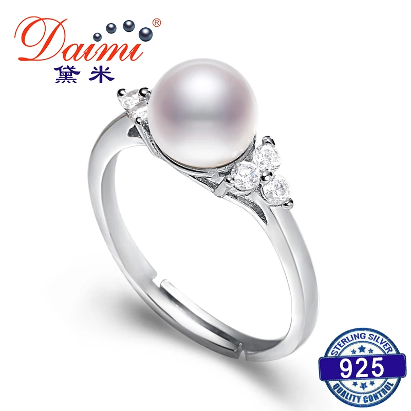 

DAIMI 7-8MM White Freshwater Pearl Ring Shiny Crystal Silver Ring Gift For Women Natural Pearl Ring Brand Jewelry