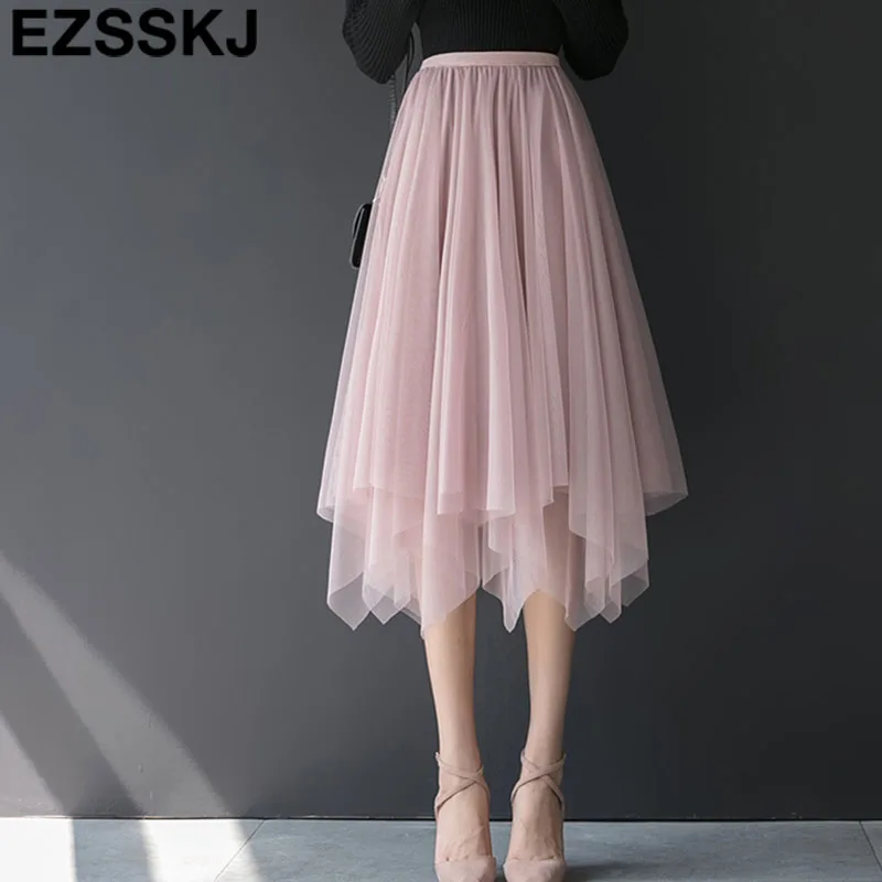 

2019 spring Summer Irregular three-layer Tulle Skirt Women pleated tutu skirt A-line mesh midi Skirt female elegant skirt