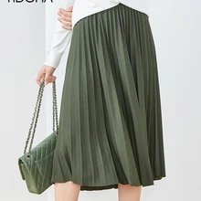 Yidora Shimmer Высокая талия плиссированная миди юбка- Новая женская повседневная черная/зеленая/коричневая однотонная трапециевидная длинная стильная миди юбка