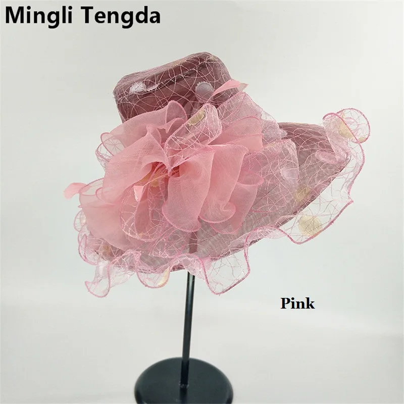 Mingli Tengda УФ-защита красочные свадебные шляпа большой цветок моды сетки пряжи Свадебная шляпа большой шляпы с пером Chapeau Femme Mariage