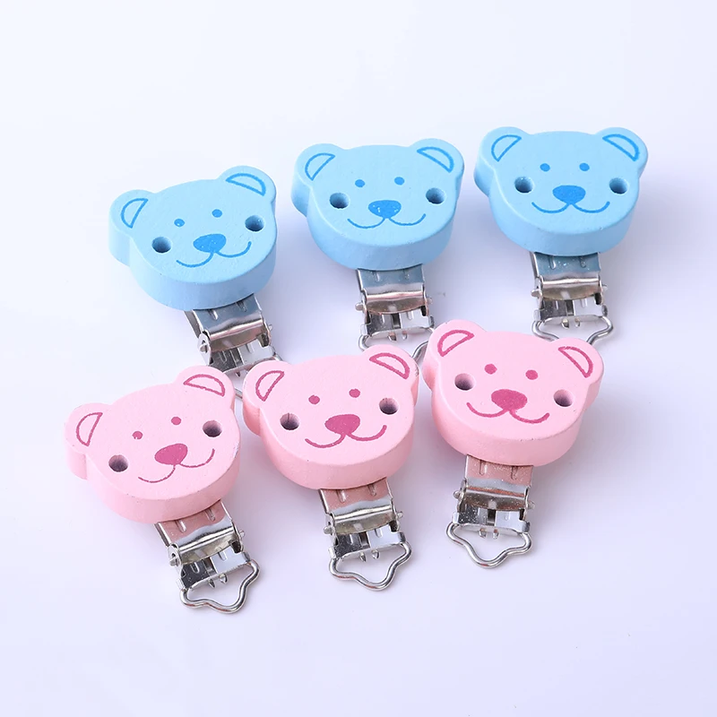 

2PCs Pink Blue Baby Pacifier Clips Round coffee Bear Pattern Wood Metal Holders Cute jewelry Accessories Clothing Clip