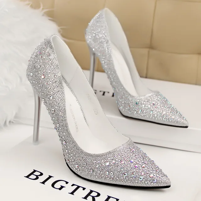 Ladies Sparkly Diamond Pointed Toe Wedding Shoes Woman Rhinestone